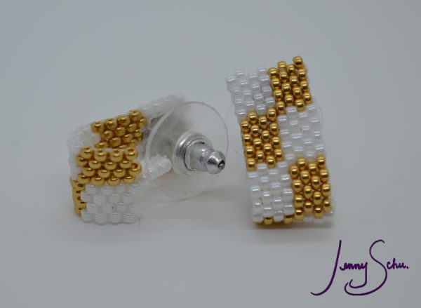 Gold & White Huggie Earrings - Image 2