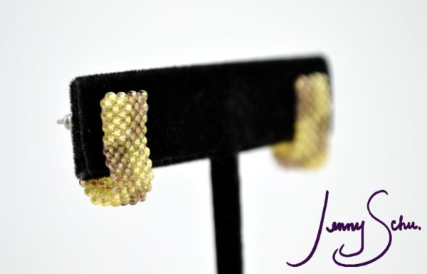 Tan & Light Yellow Huggie Earrings - Image 3