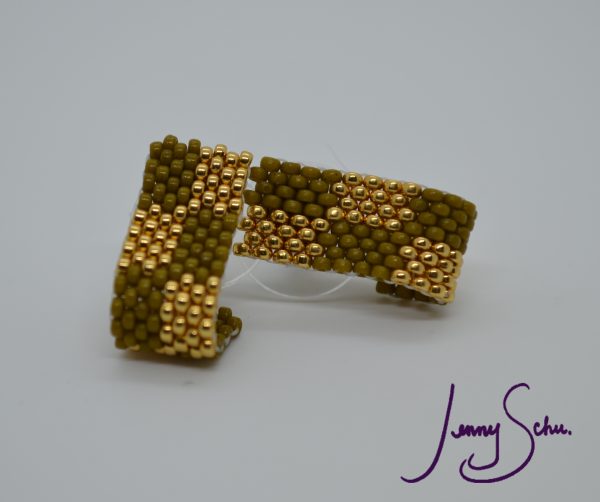 Gold & Olive Green Huggie Earrings - Image 2