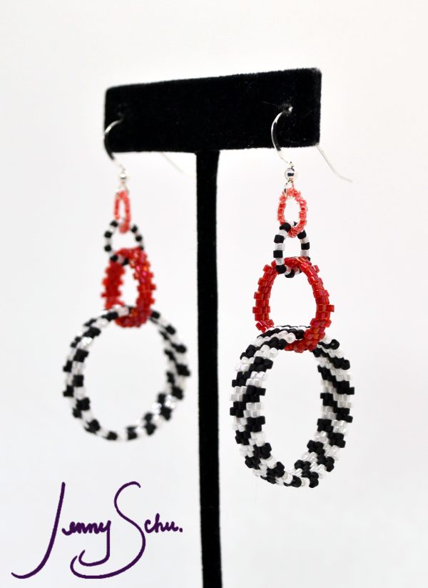 Circlet Earrings, Black & White Checker with Red accent