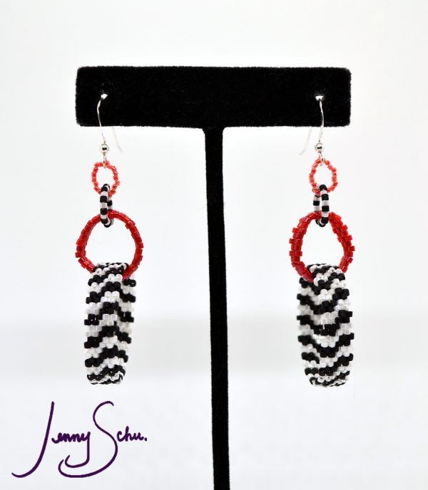 Circlet Earrings, Black & White Checker with Red accent - Image 3