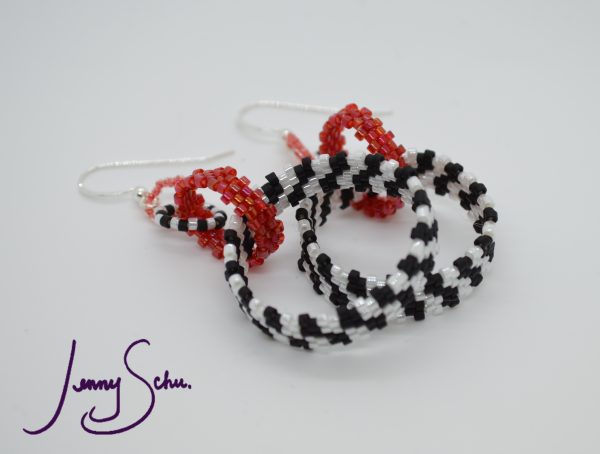 Circlet Earrings, Black & White Checker with Red accent - Image 2